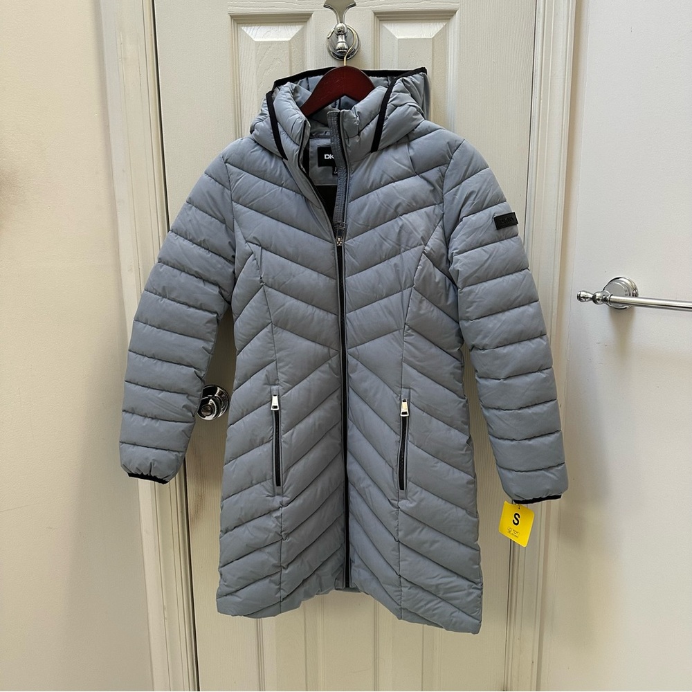 NWT DKNY Slate Blue Gray Puffer Coat with hood size Small